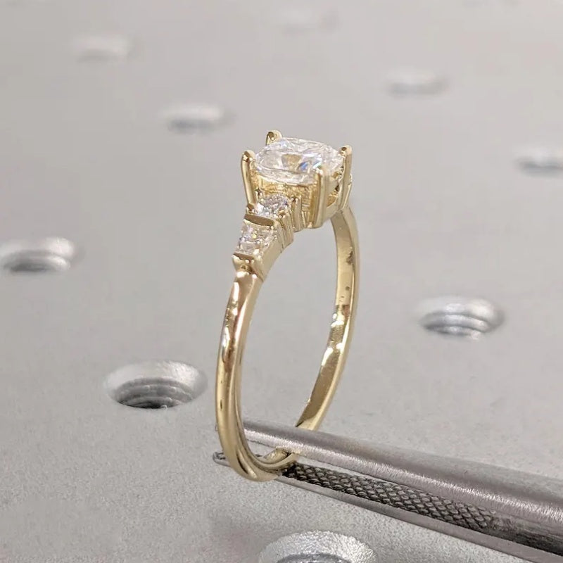 18k Gold Lab Grown Diamond 2CT CVD Cushion-Cut Round & Tapered Baguette Art Deco Bridal Ring