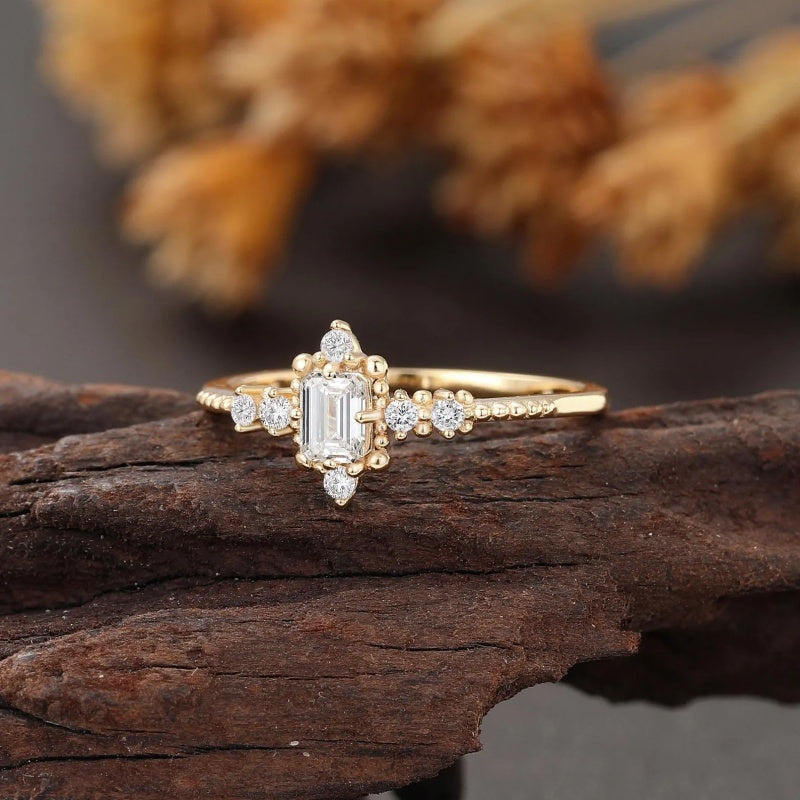 18K Gold Lab Grown Diamond CVD 1CT Emerald-Cut Vintage Milgrain Half Eternity Bridal Ring