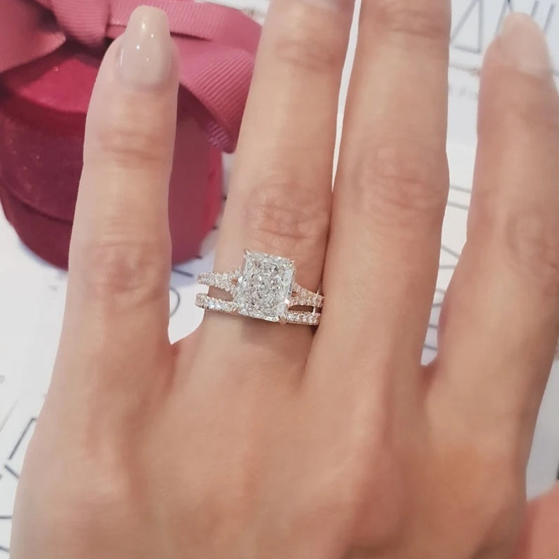 18K Gold Lab Grown Diamond CVD 3CT Radiant-Cut Engagement Bridal Ring Set