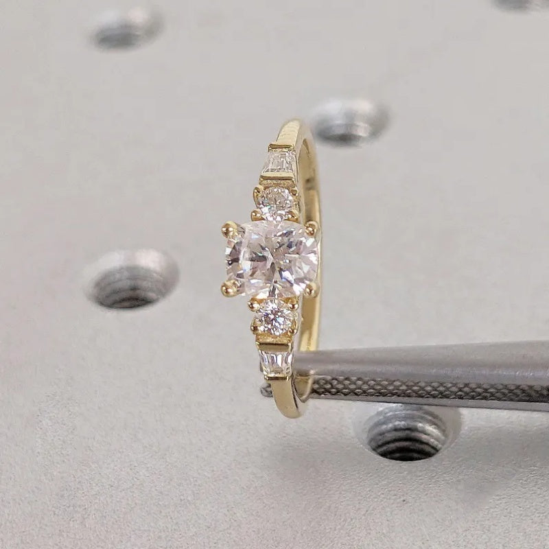 18k Gold Lab Grown Diamond 2CT CVD Cushion-Cut Round & Tapered Baguette Art Deco Bridal Ring