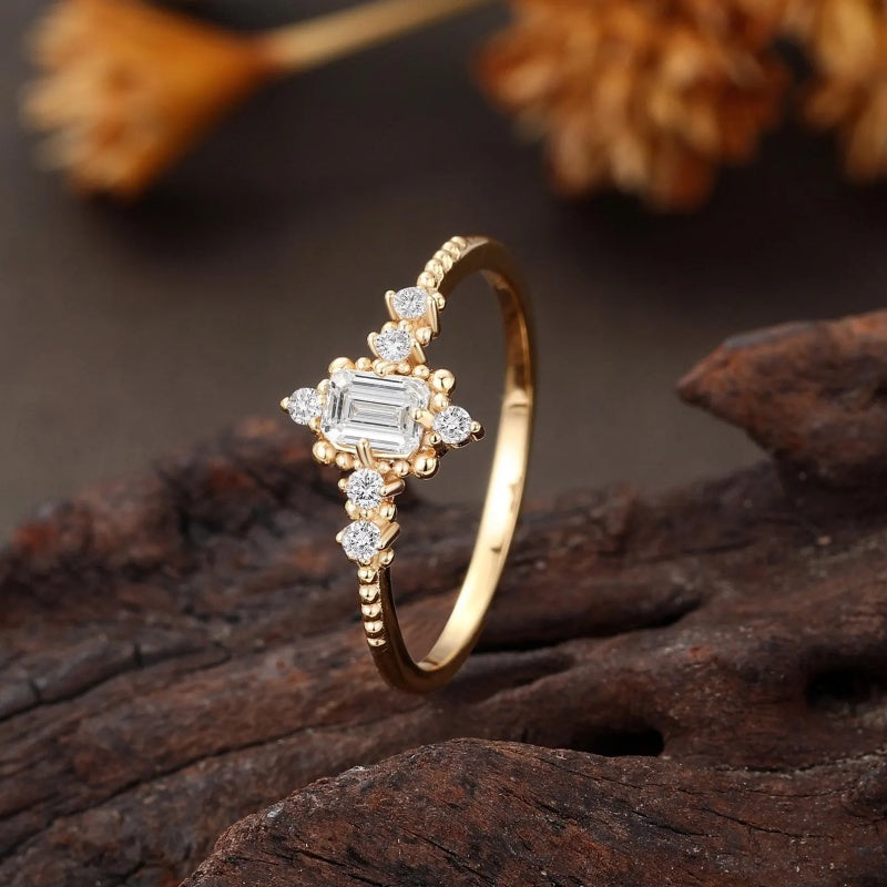 18K Gold Lab Grown Diamond CVD 1CT Emerald-Cut Vintage Milgrain Half Eternity Bridal Ring