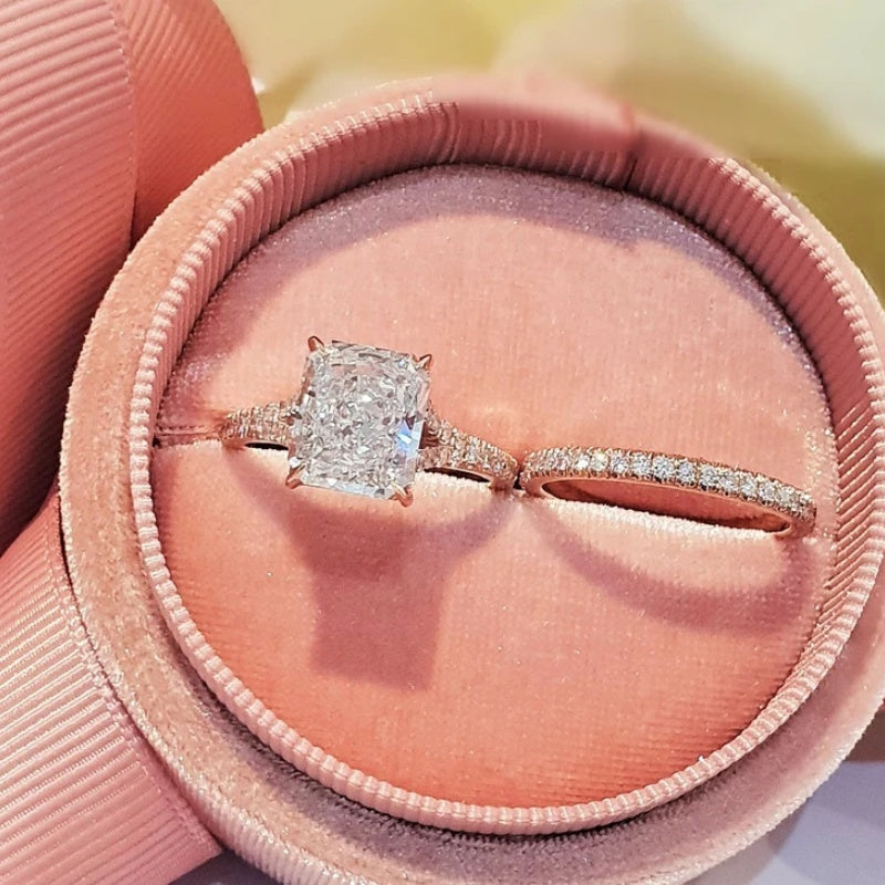 18K Gold Lab Grown Diamond CVD 3CT Radiant-Cut Engagement Bridal Ring Set