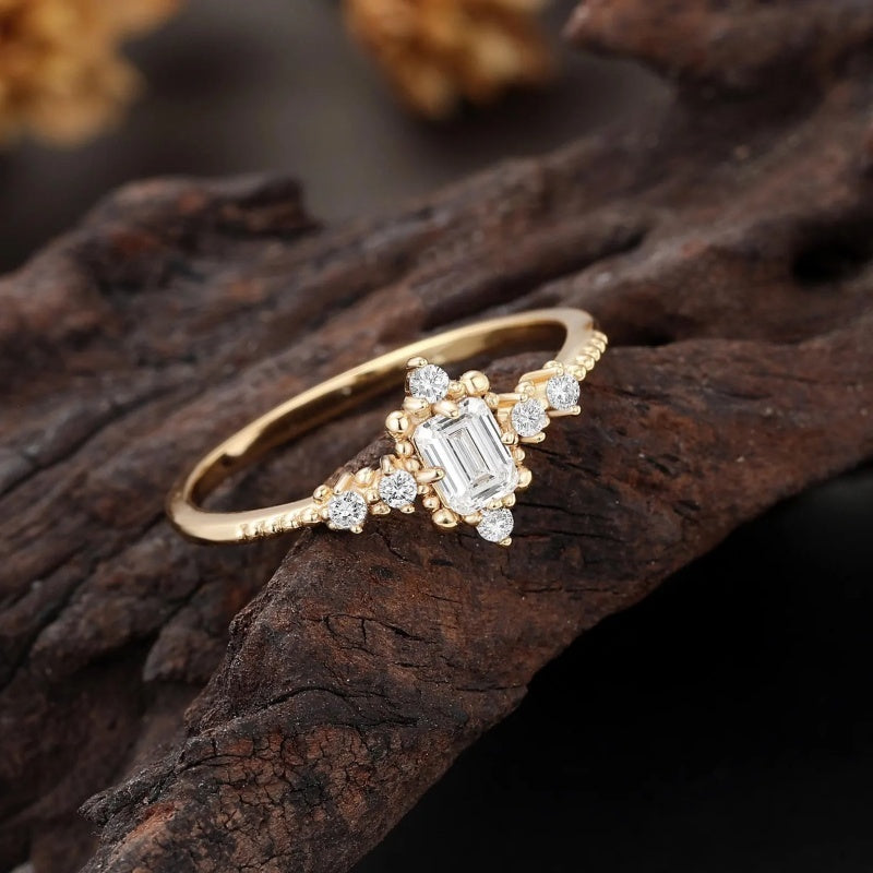 18K Gold Lab Grown Diamond CVD 1CT Emerald-Cut Vintage Milgrain Half Eternity Bridal Ring