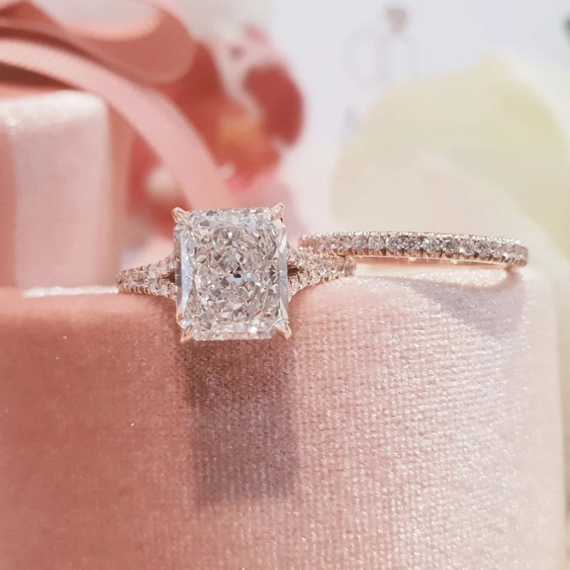 18K Gold Lab Grown Diamond CVD 3CT Radiant-Cut Engagement Bridal Ring Set