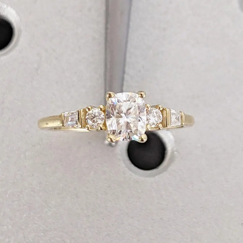 18k Gold Lab Grown Diamond 2CT CVD Cushion-Cut Round & Tapered Baguette Art Deco Bridal Ring