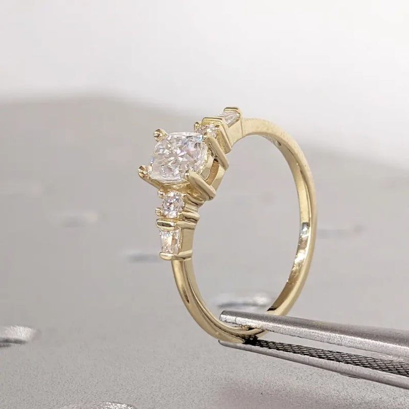 18k Gold Lab Grown Diamond 2CT CVD Cushion-Cut Round & Tapered Baguette Art Deco Bridal Ring