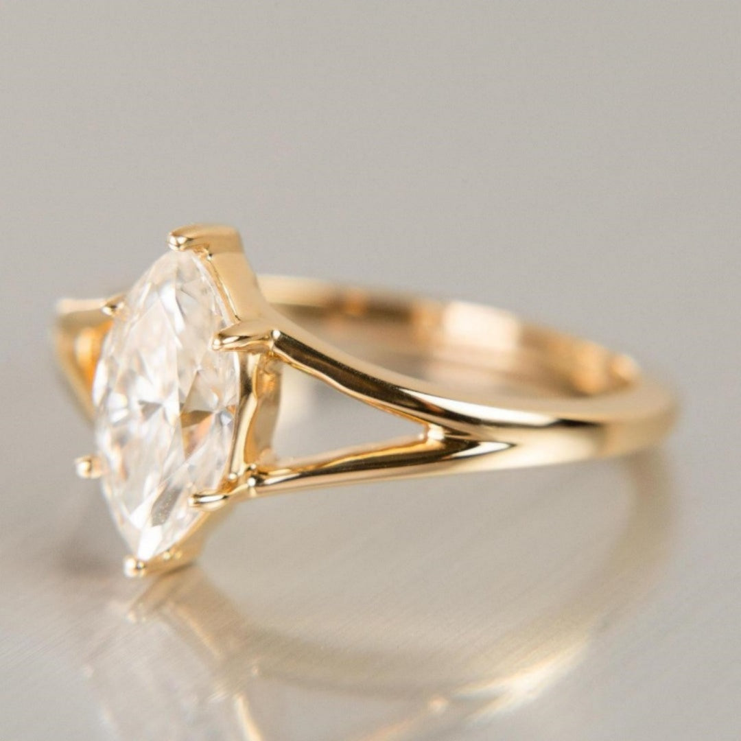 10K Gold Lab Grown Diamond CVD 1CT Marquise-Cut V-shaped Unique Engagement Ring