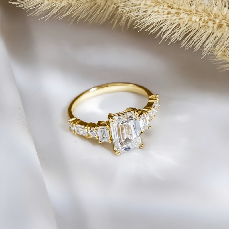 14K Gold Lab Grown Diamond CVD 2CT Emerald-Cut Vintage Art Deco Engagement Ring