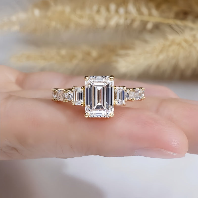 14K Gold Lab Grown Diamond CVD 2CT Emerald-Cut Vintage Art Deco Engagement Ring