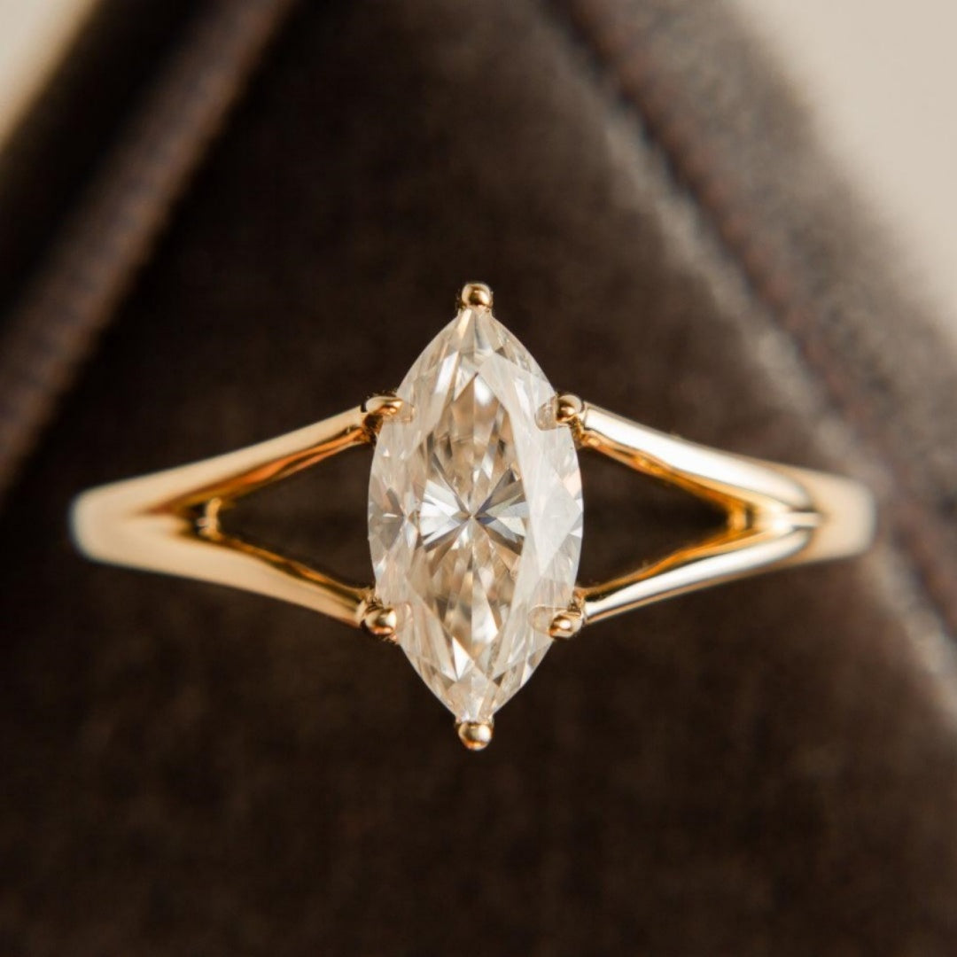 10K Gold Lab Grown Diamond CVD 1CT Marquise-Cut V-shaped Unique Engagement Ring