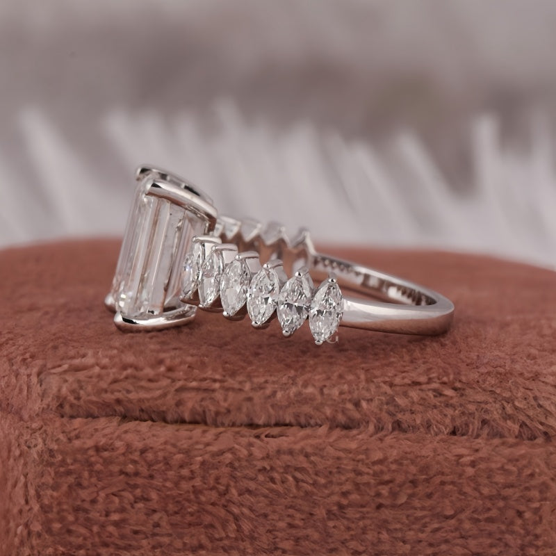 10K Gold Lab Grown Diamond CVD 2CT Emerald-Cut Marquise Pave Band Anniversary Ring