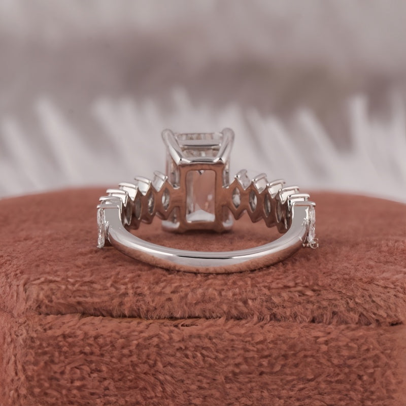 10K Gold Lab Grown Diamond CVD 2CT Emerald-Cut Marquise Pave Band Anniversary Ring
