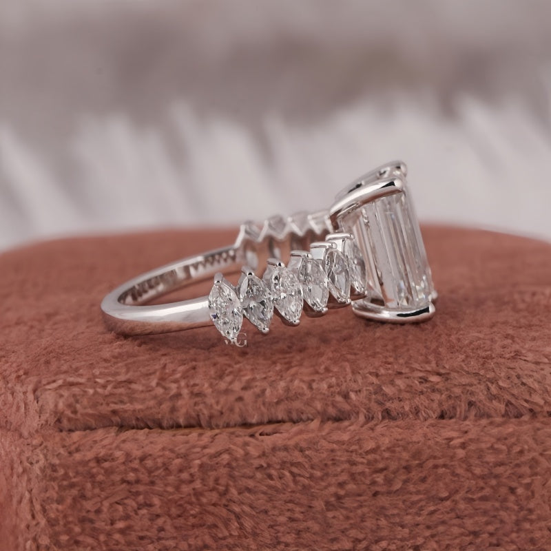 10K Gold Lab Grown Diamond CVD 2CT Emerald-Cut Marquise Pave Band Anniversary Ring