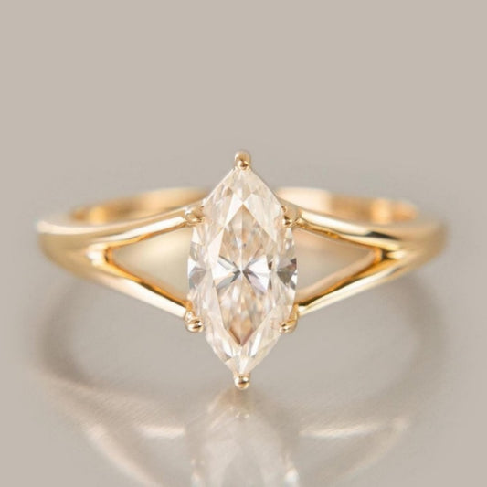 10K Gold Lab Grown Diamond CVD 1CT Marquise-Cut V-shaped Unique Engagement Ring