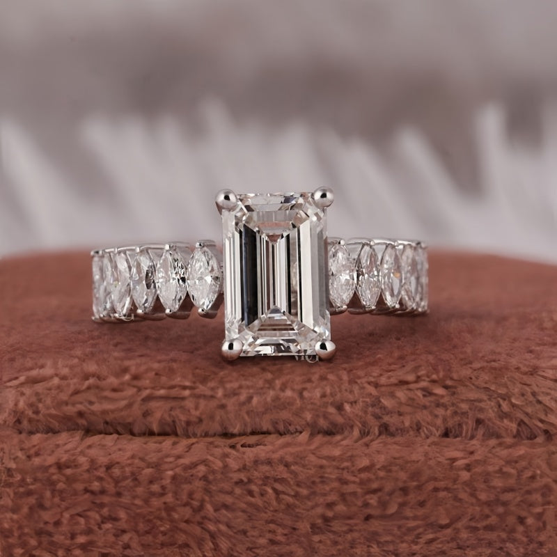 10K Gold Lab Grown Diamond CVD 2CT Emerald-Cut Marquise Pave Band Anniversary Ring