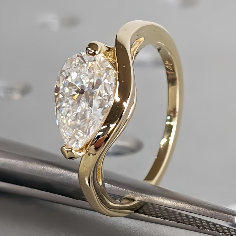 14K Gold Lab Grown Diamond CVD 2CT Pear-Cut Unique Design Promise Ring For Daily Wear