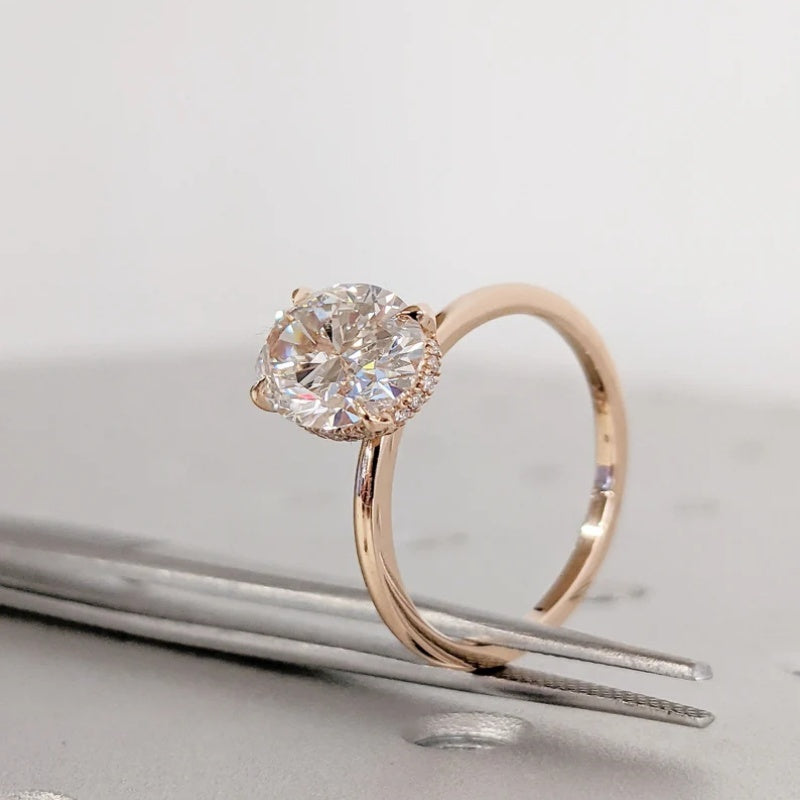 14K Gold Lab Grown Diamond CVD 3CT Oval-Cut Hidden Halo Four Prong Anniversary Ring