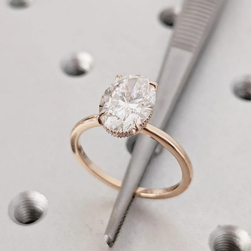 14K Gold Lab Grown Diamond CVD 3CT Oval-Cut Hidden Halo Four Prong Anniversary Ring