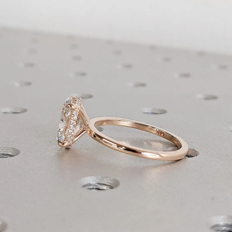 14K Gold Lab Grown Diamond CVD 3CT Oval-Cut Hidden Halo Four Prong Anniversary Ring