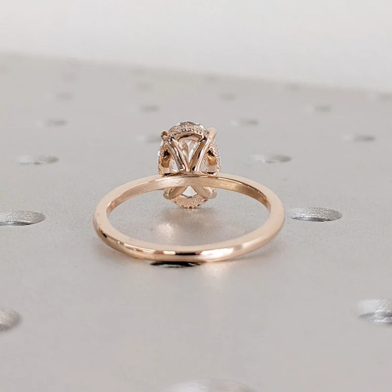 14K Gold Lab Grown Diamond CVD 3CT Oval-Cut Hidden Halo Four Prong Anniversary Ring