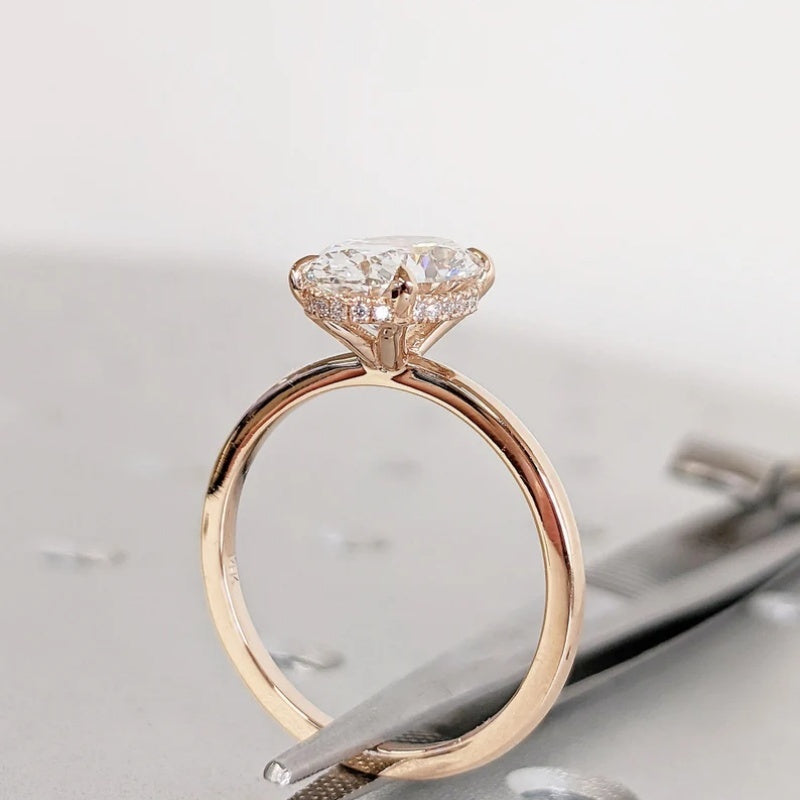 14K Gold Lab Grown Diamond CVD 3CT Oval-Cut Hidden Halo Four Prong Anniversary Ring