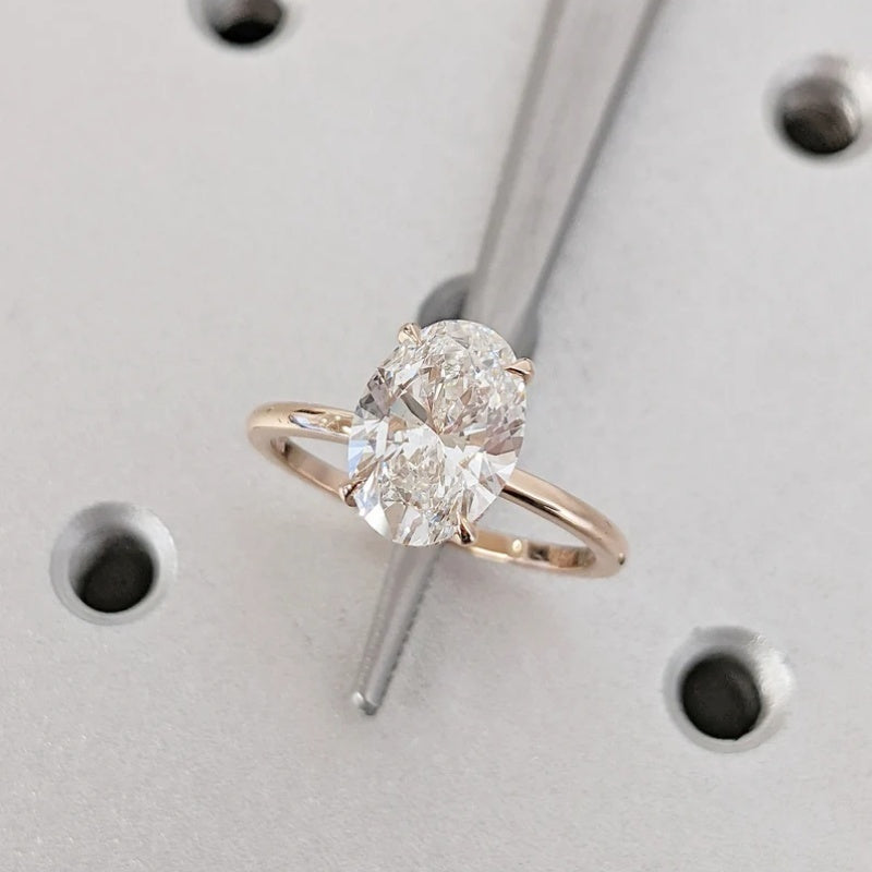 14K Gold Lab Grown Diamond CVD 3CT Oval-Cut Hidden Halo Four Prong Anniversary Ring
