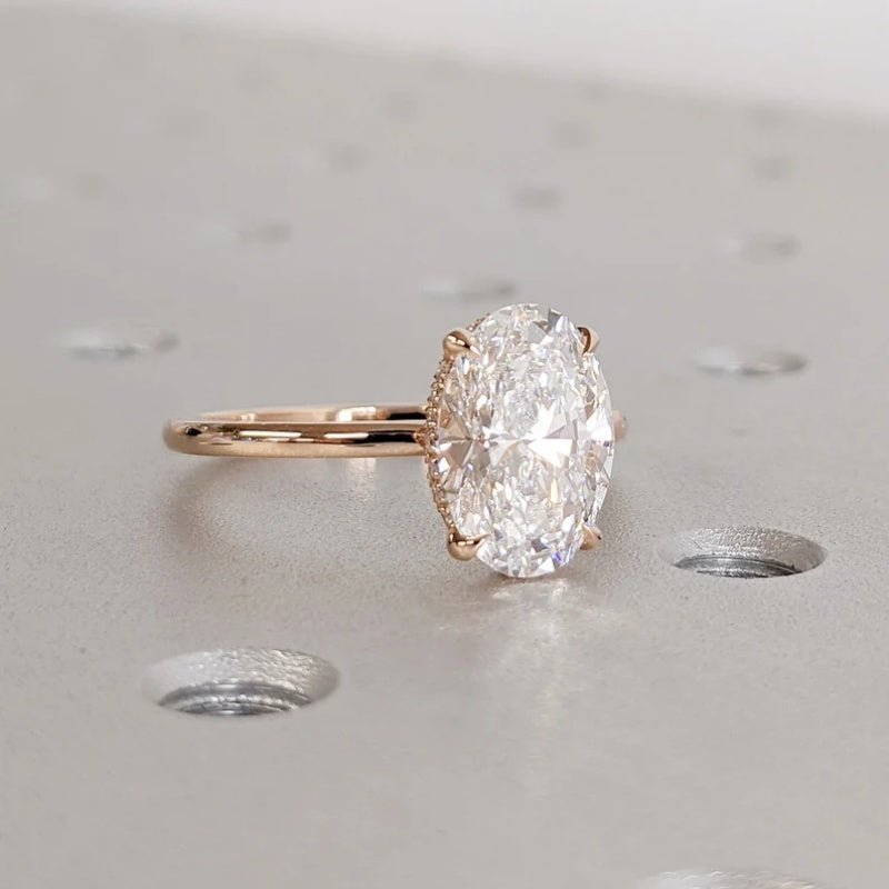 14K Gold Lab Grown Diamond CVD 3CT Oval-Cut Hidden Halo Four Prong Anniversary Ring