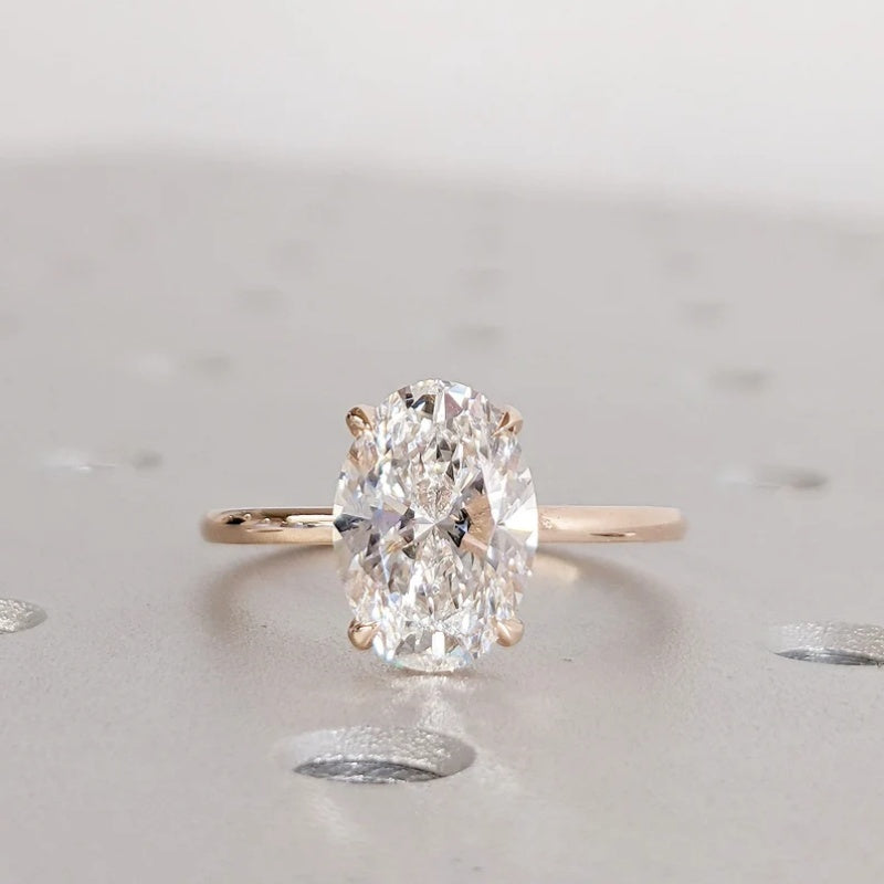 14K Gold Lab Grown Diamond CVD 3CT Oval-Cut Hidden Halo Four Prong Anniversary Ring