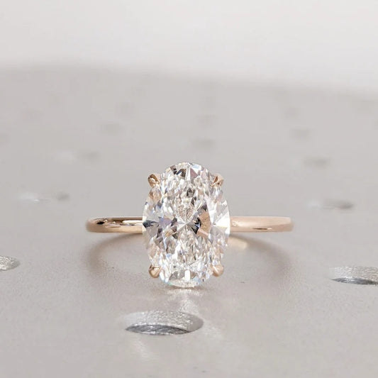 14K Gold Lab Grown Diamond CVD 3CT Oval-Cut Hidden Halo Four Prong Anniversary Ring