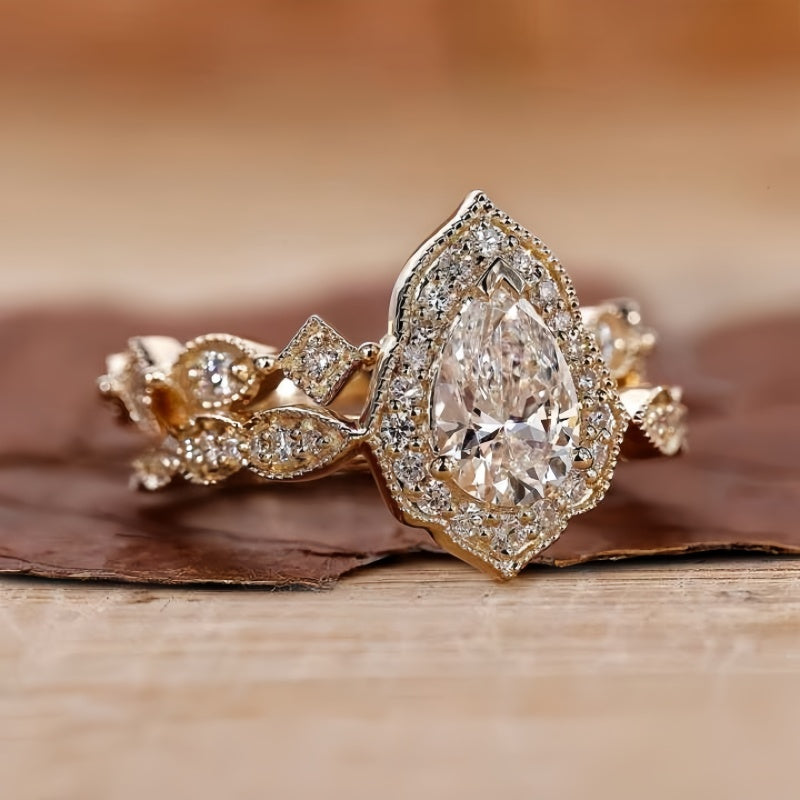14K Gold Lab Grown Diamond CVD 1.5CT Pear-Cut Vintage Engagement Ring Set