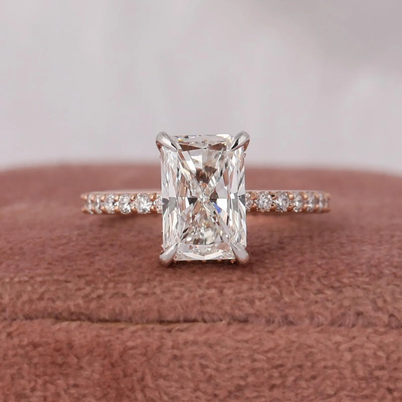 14K Gold Lab Grown Diamond CVD 2CT Radiant-Cut Hidden Halo Pave Promise Ring