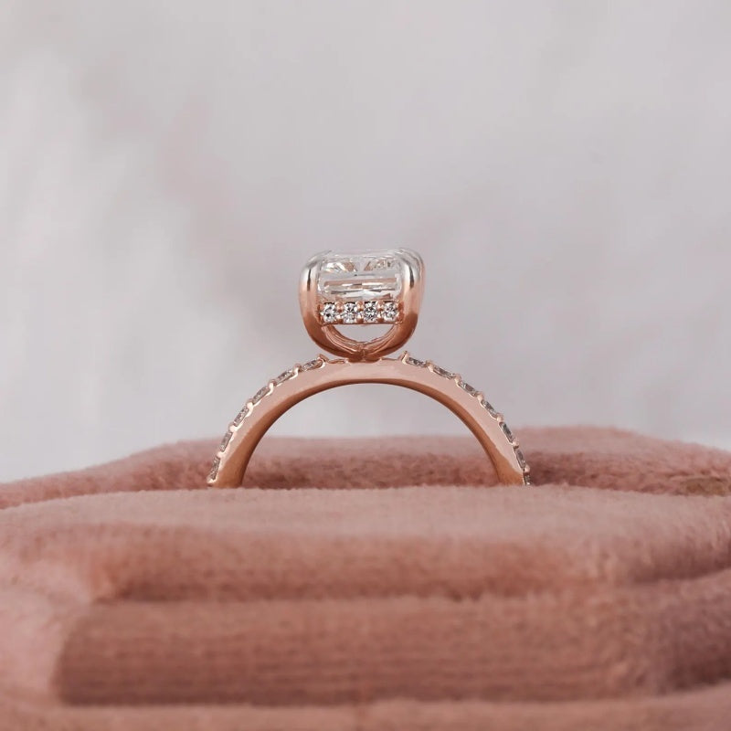 14K Gold Lab Grown Diamond CVD 2CT Radiant-Cut Hidden Halo Pave Promise Ring